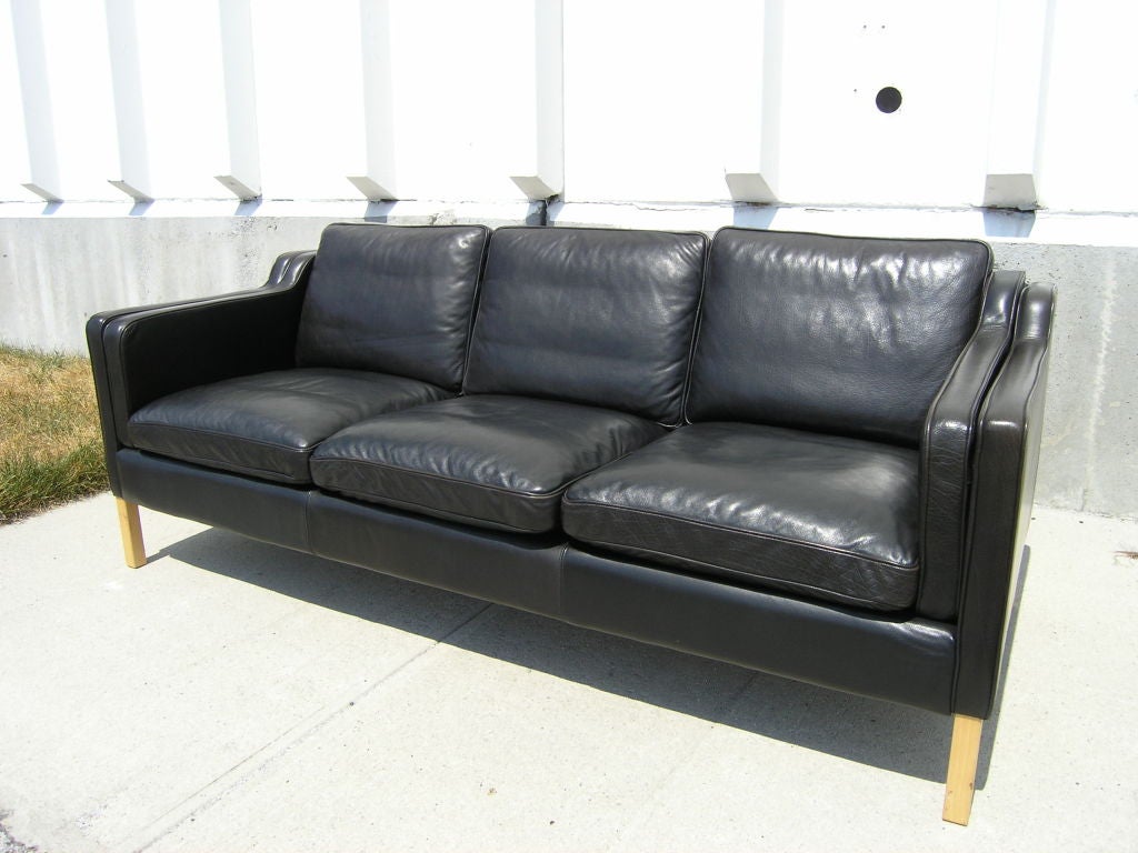 Danish Black Leather Sofa after Borge Mogensen