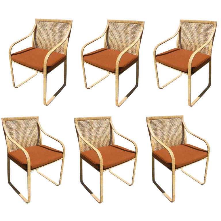 Set of Six Hand Woven Rattan Dining Chairs by Harvey Probber