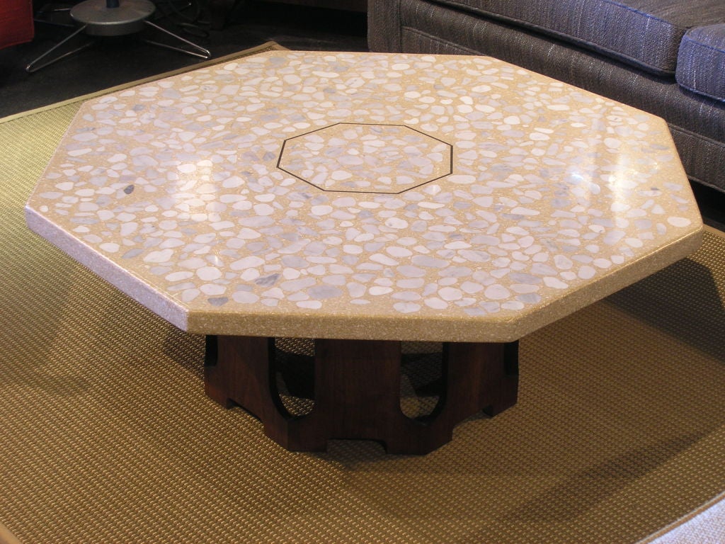 Octagonal Travertine and Marble Coffee Table by Harvey Probber