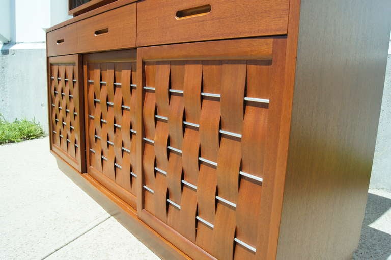 Glass Woven-Front Mahogany Sideboard with Hutch by Edward Wormley for Dunbar
