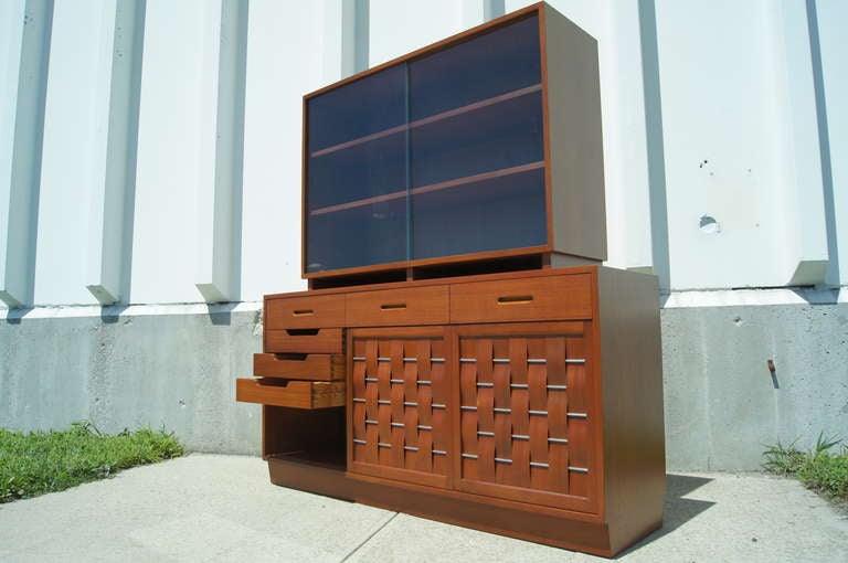 Mid-Century Modern Woven-Front Mahogany Sideboard with Hutch by Edward Wormley for Dunbar