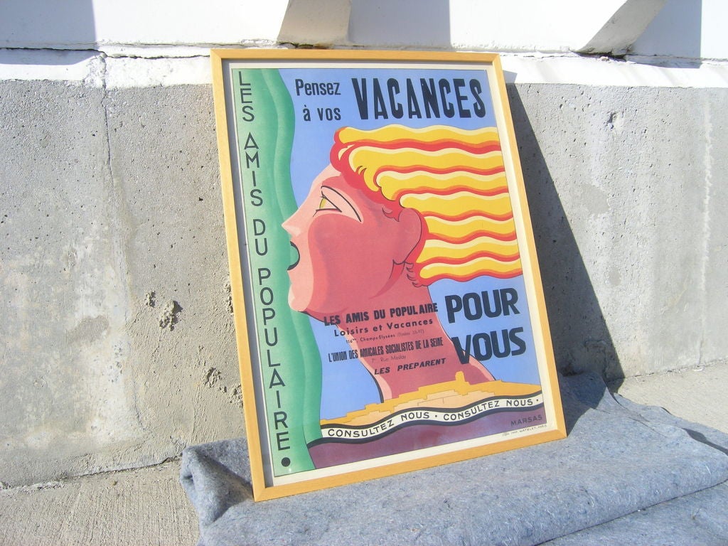 Art Deco Pensez a Vos Vacances Travel Poster Lithograph