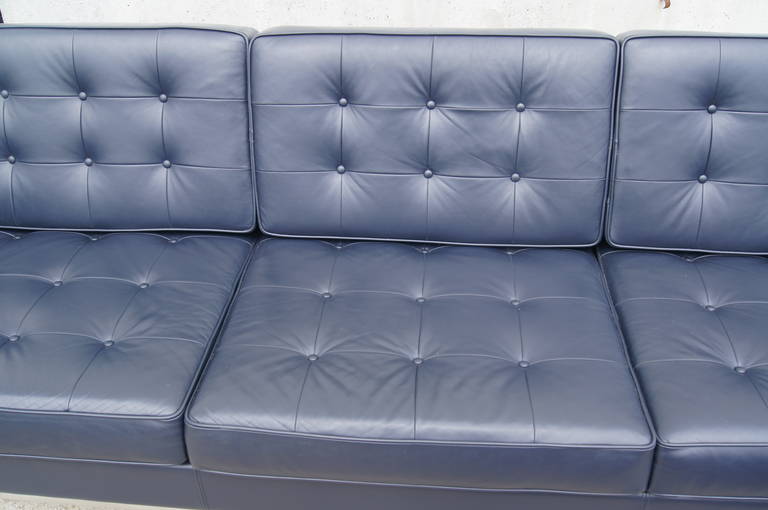American Deep Blue Leather Sofa by Florence Knoll