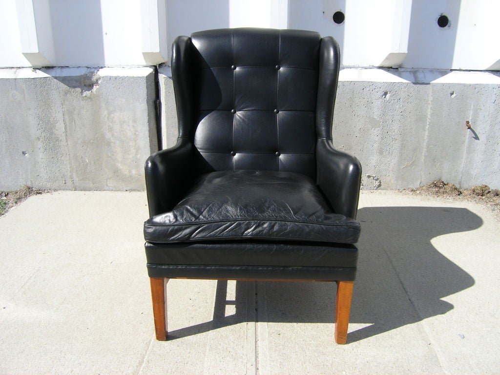 Danish Modern Leather Wingback Chair, Attributed to Fritz Hansen 1