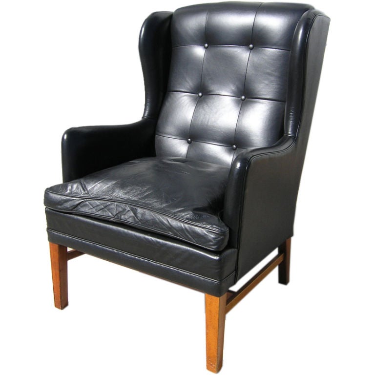 Danish Modern Leather Wingback Chair, Attributed to Fritz Hansen