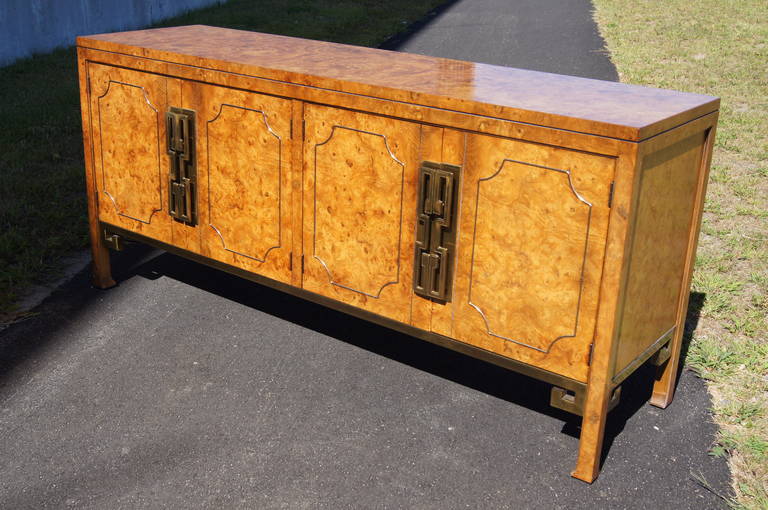 Late 20th Century Brass-Trimmed Amboyna Burl Sideboard by Mastercraft For Sale