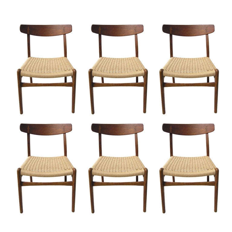 Set of Six Teak and Paper Cord Dining Chairs by Hans Wegner at 1stDibs