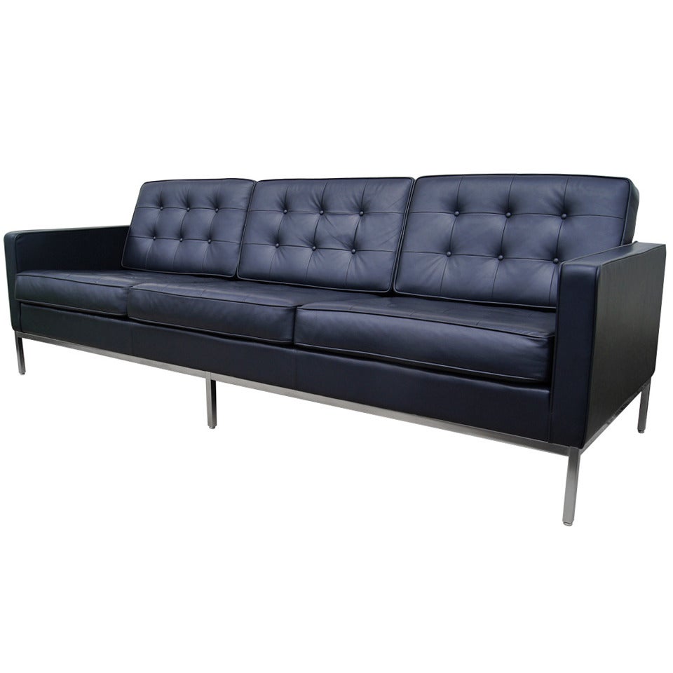 Deep Blue Leather Sofa by Florence Knoll