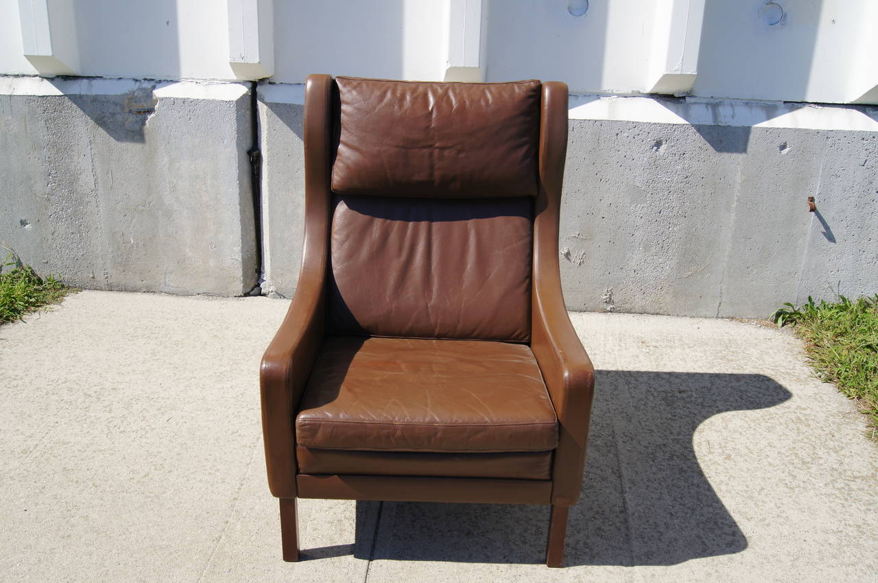 Danish Brown Leather Highback Lounge Chair After Børge Mogensen For Sale