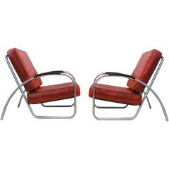 Pair of Chrome and Red Vinyl Armchairs by Royal Chrome
