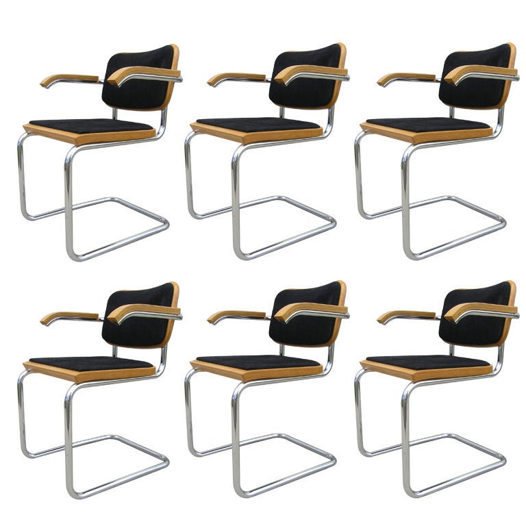 Set of Six Knoll Cesca Side Arm Chairs by Marcel Breuer