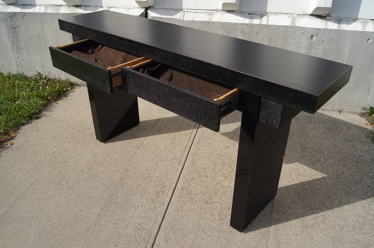 American Black Lacquered Linen Console Table by Ernest C. Masi