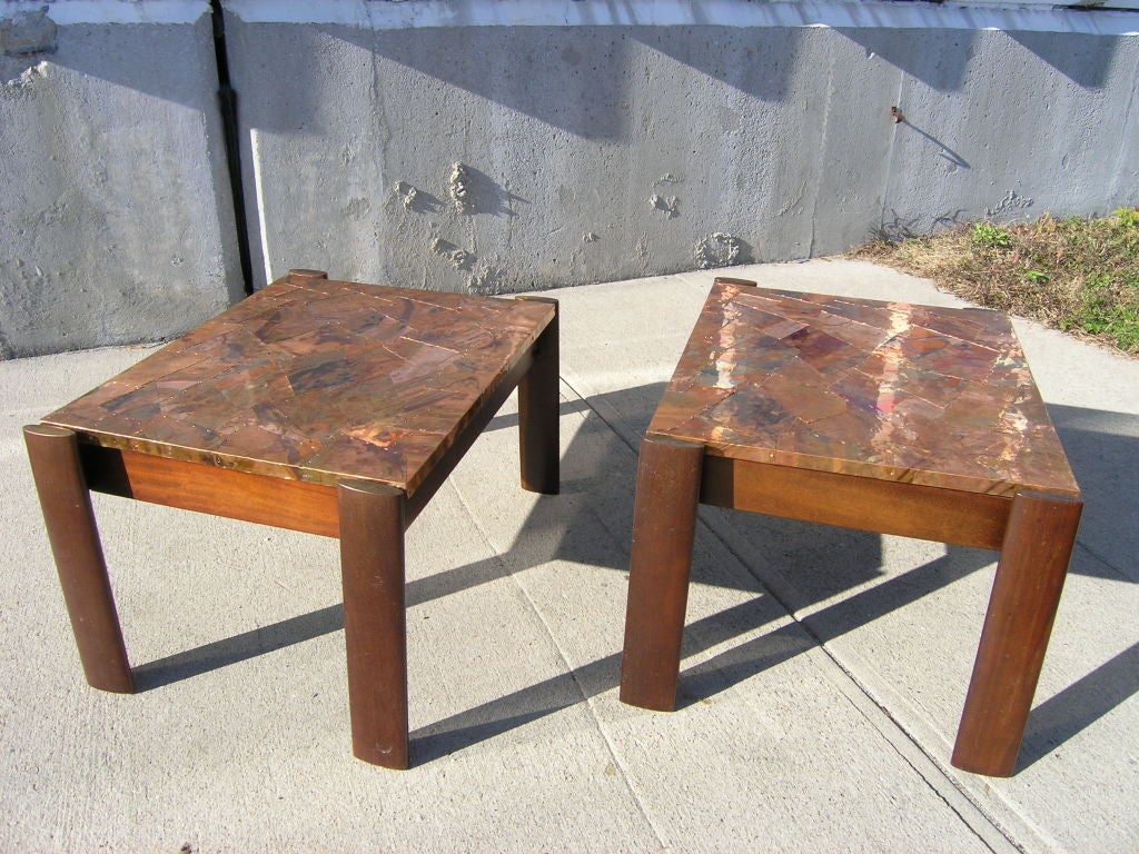 Brazilian Pair of Jacaranda Rosewood and Copper Side Tables by Percival Lafer