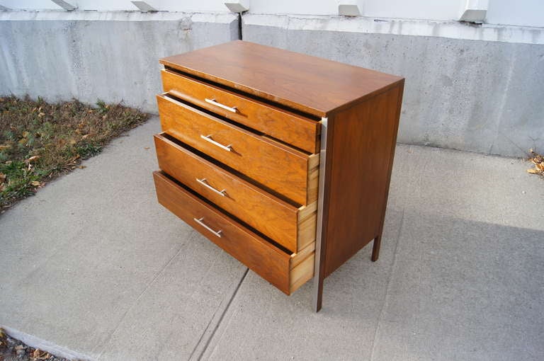 Aluminum Four-Drawer Walnut Dresser by Paul McCobb for Calvin Furniture For Sale