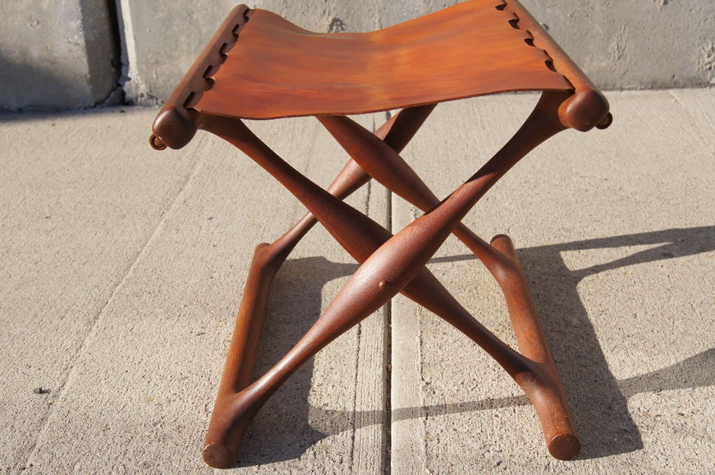 Danish Folding Teak and Leather Stool by Poul Hundevad