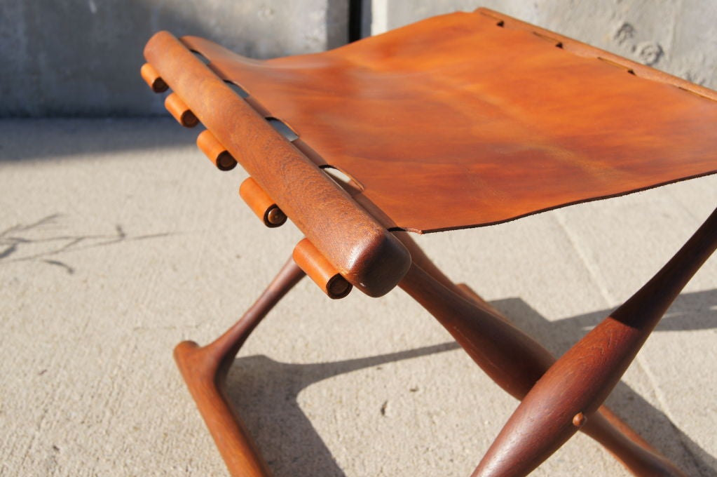Mid-20th Century Folding Teak and Leather Stool by Poul Hundevad