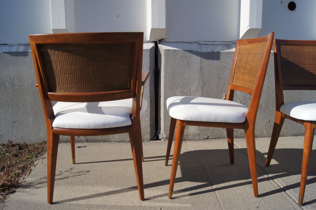 Set of Four Walnut and Rattan Dining Chairs by Widdicomb In Excellent Condition In Dorchester, MA