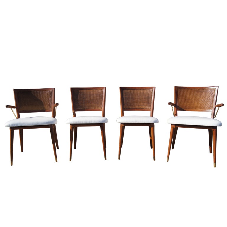 Set of Four Walnut and Rattan Dining Chairs by Widdicomb