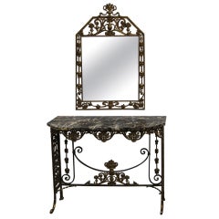 Marble and Bronzed Cast-Iron Console Table with Mirror by Oscar Bach