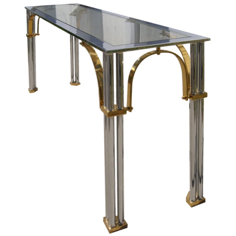 Chrome, Brass and Glass Italian Console Table