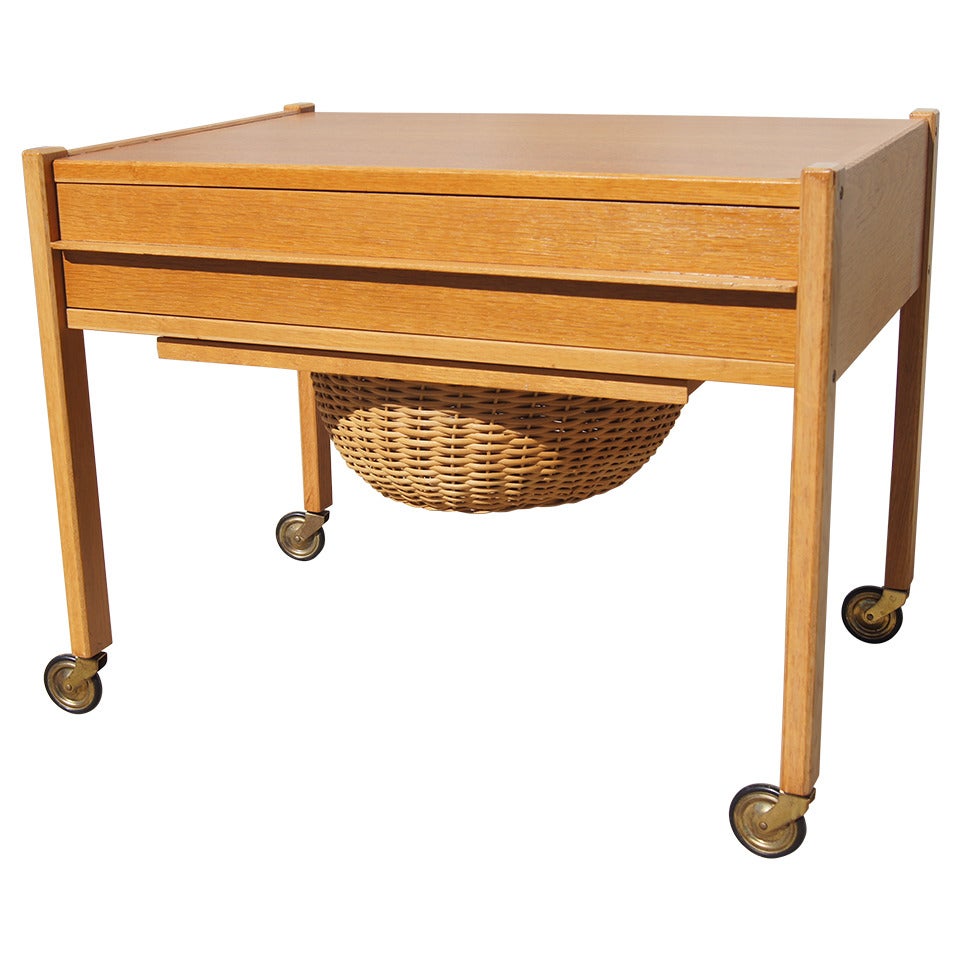 Oak and Wicker Danish Modern Rolling Sewing Cart For Sale