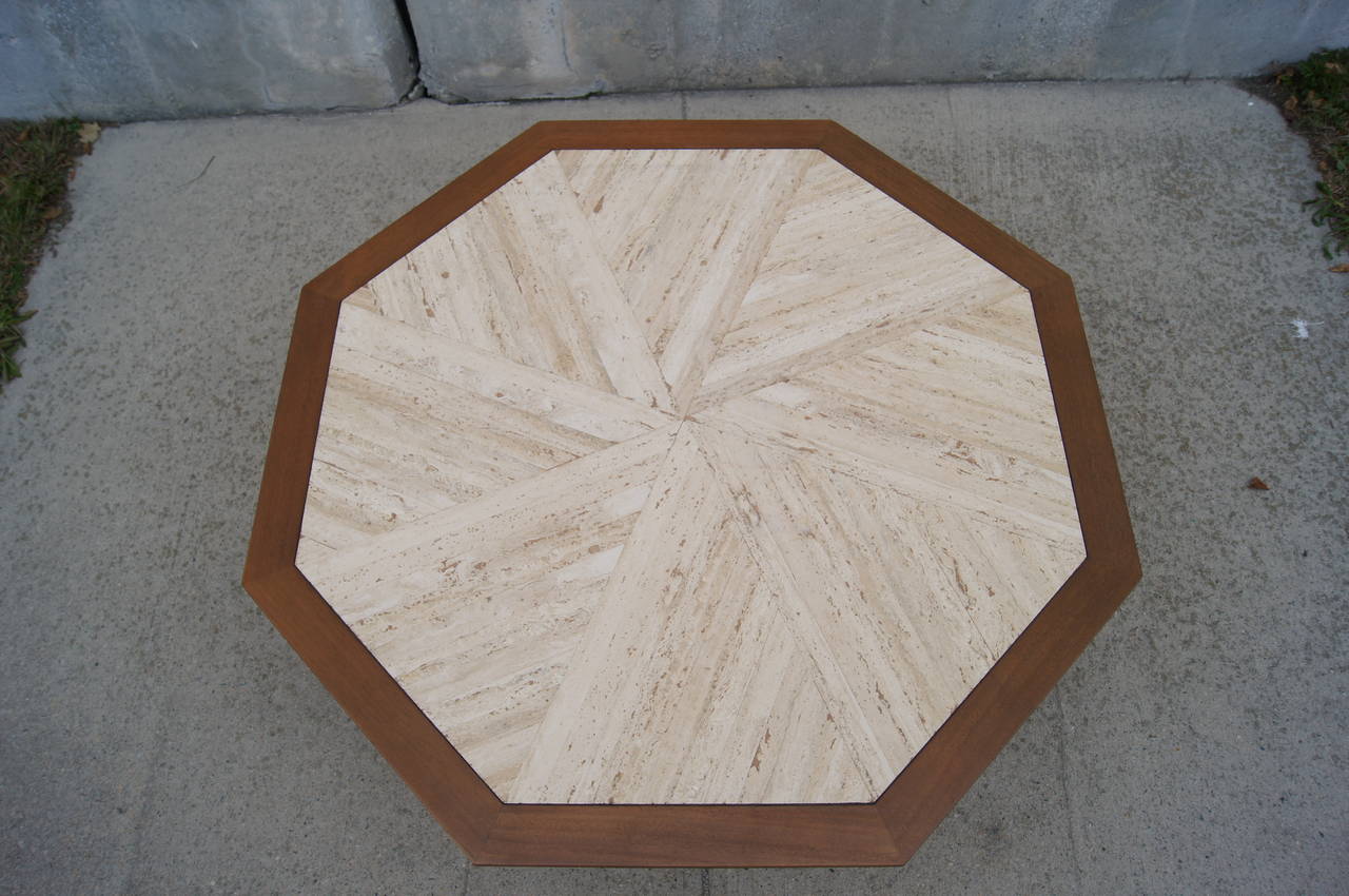American Walnut and Travertine Octagonal Coffee Table by Harvey Probber