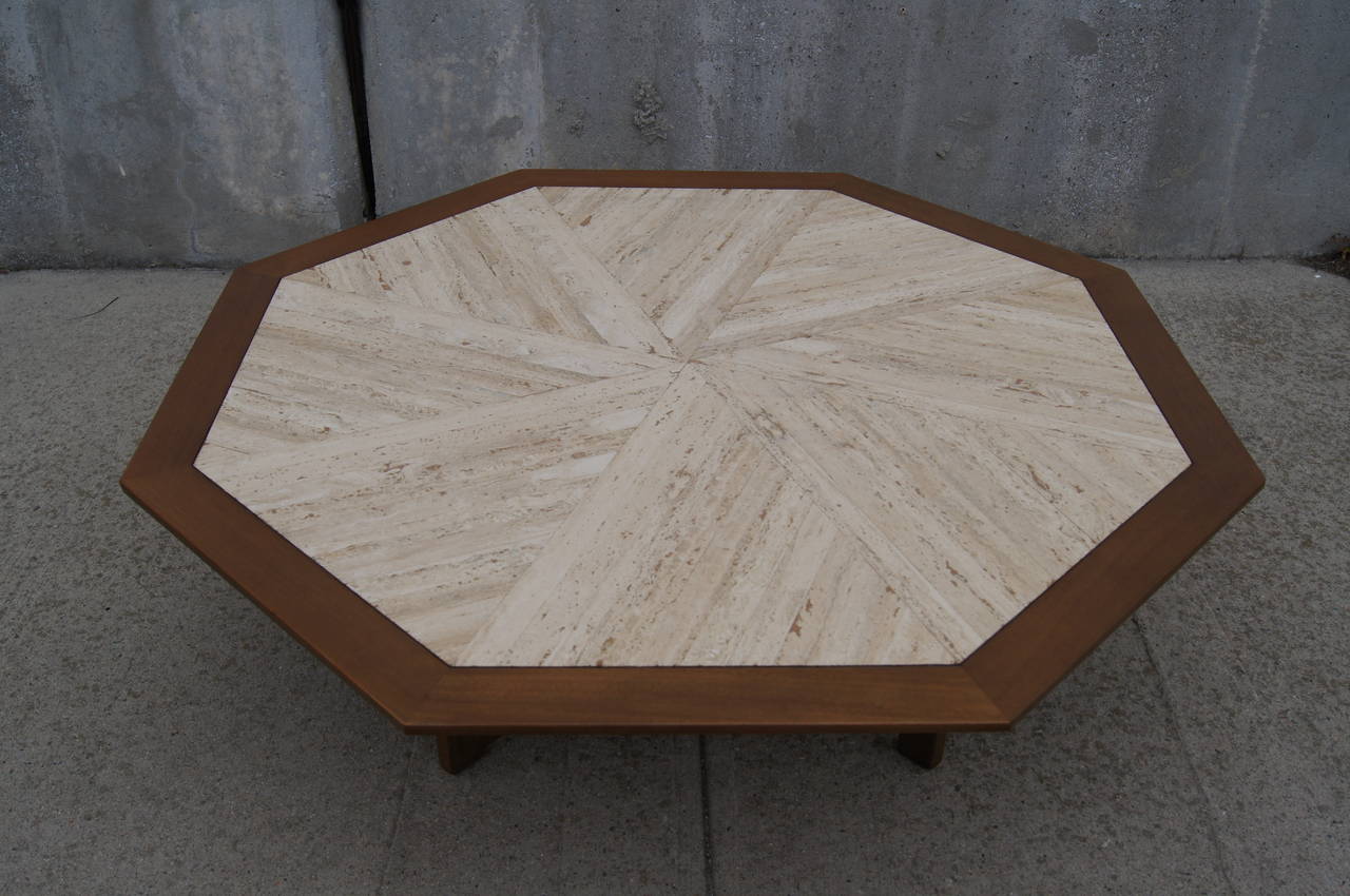 Mid-20th Century Walnut and Travertine Octagonal Coffee Table by Harvey Probber