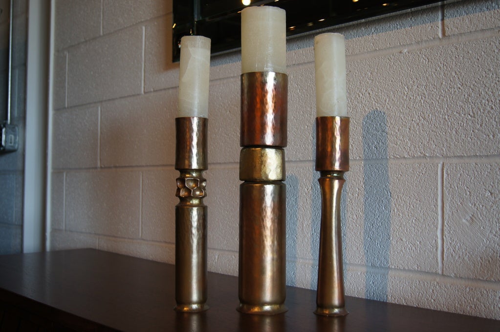 Brutalist Set of Three Oxidized Copper Candlesticks by Thomas Roy Markusen For Sale