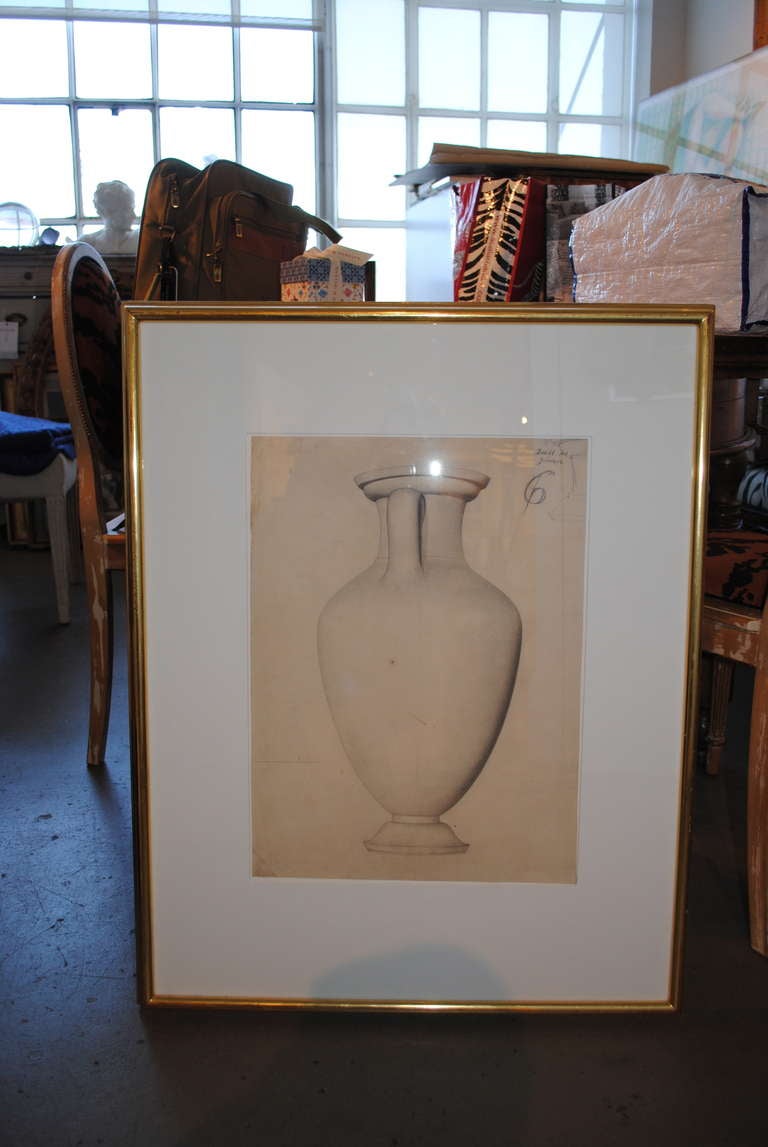 Framed, hand drawn urn with matting.