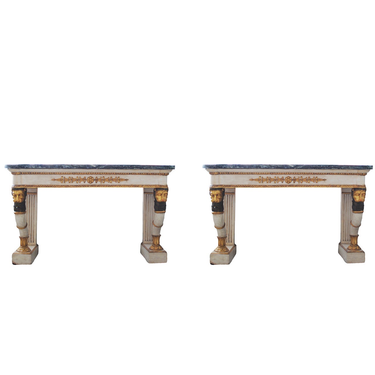Pair of Neoclassical Painted and Parcel-Gilt Consoles For Sale