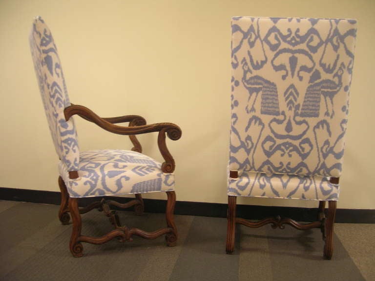 Louis XIV Style Pair of Armchairs with Blue Ikat Fabric
