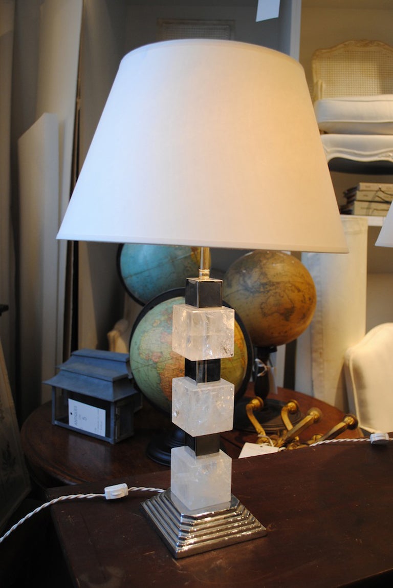 French Pair of Square Cut Rock Crystal and Nickel Lamps For Sale