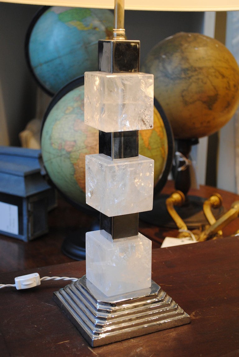 Pair of Square Cut Rock Crystal and Nickel Lamps In Excellent Condition For Sale In Boston, MA