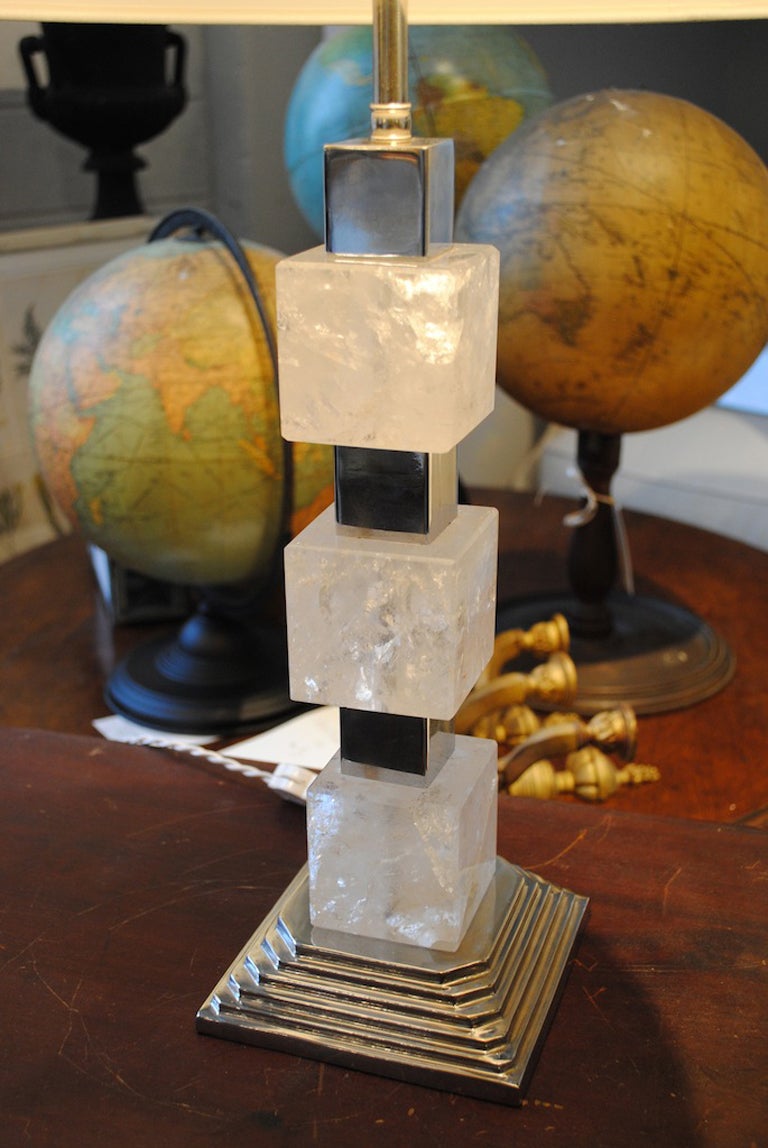 Contemporary Pair of Square Cut Rock Crystal and Nickel Lamps For Sale