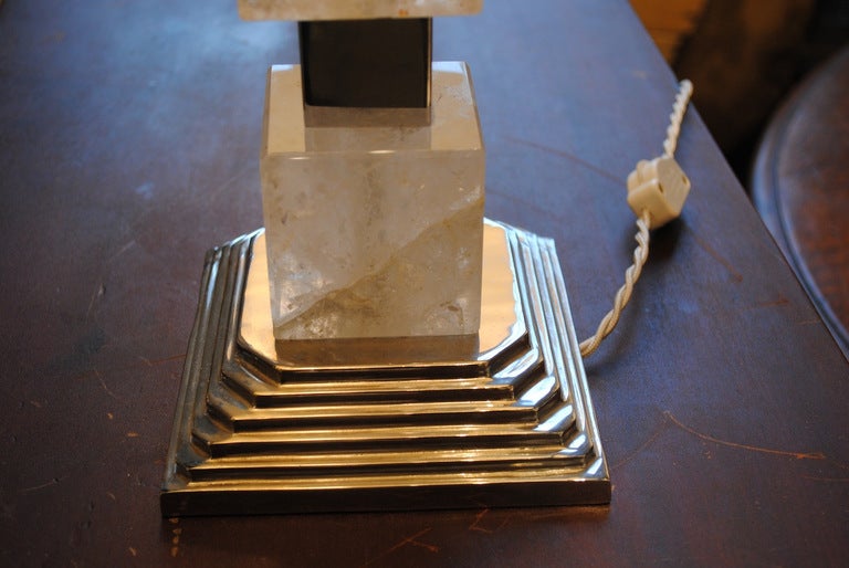 Pair of Square Cut Rock Crystal and Nickel Lamps For Sale 1
