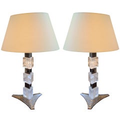 Pair of Rock Crystal Table Lamps with Triangular Base