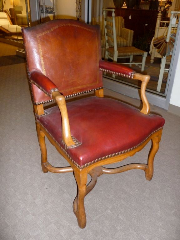 French Pair of 20th Century Louis XIV Style Red Leather Armchairs For Sale