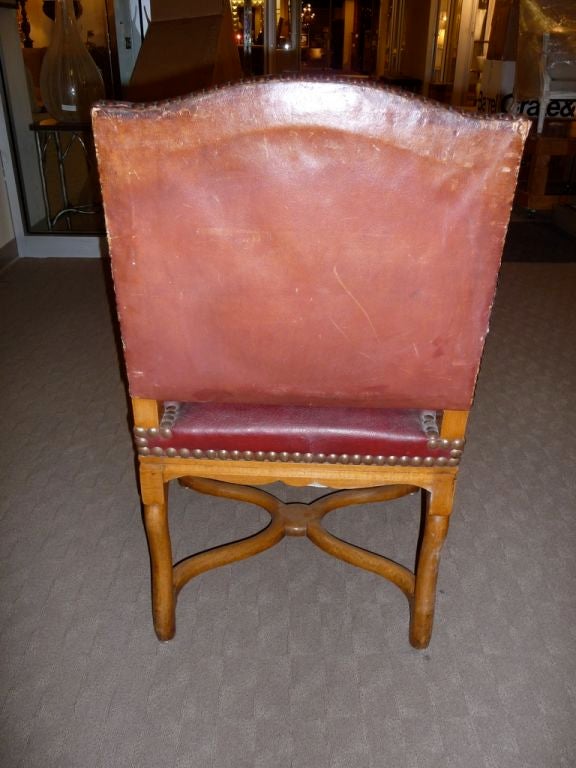 Pair of 20th Century Louis XIV Style Red Leather Armchairs In Good Condition For Sale In Boston, MA