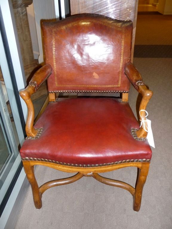 Pair of 20th Century Louis XIV Style Red Leather Armchairs For Sale 1