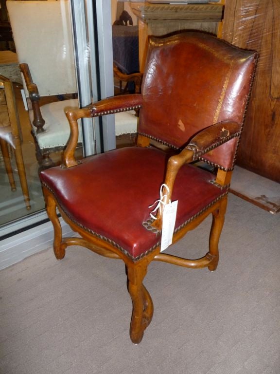 Pair of 20th Century Louis XIV Style Red Leather Armchairs For Sale 2