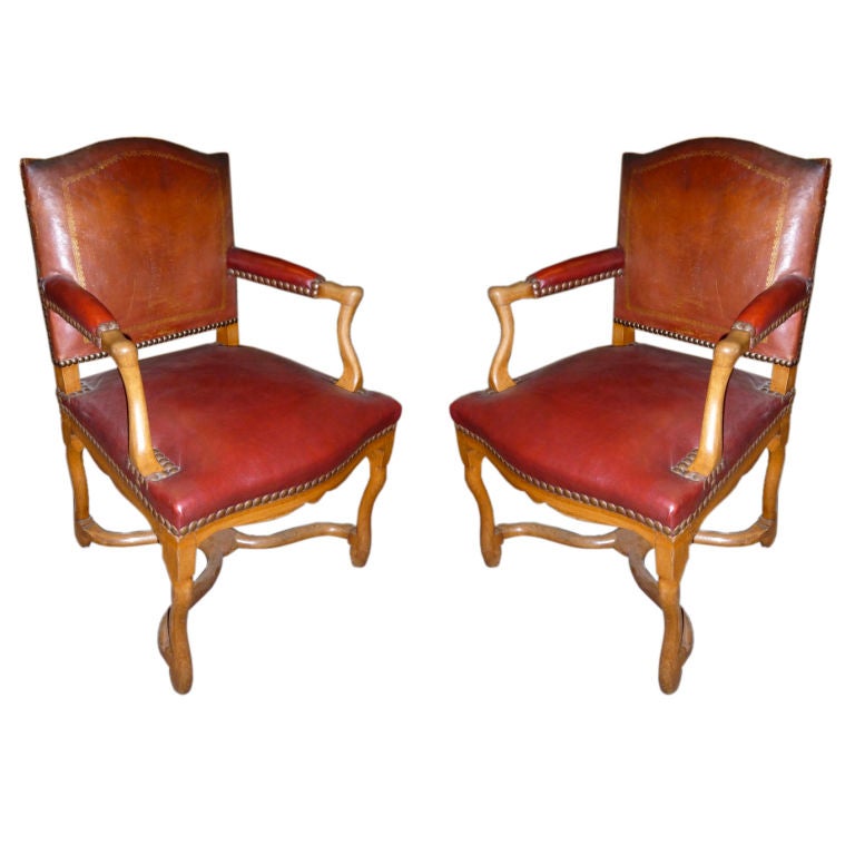 Pair of 20th Century Louis XIV Style Red Leather Armchairs For Sale