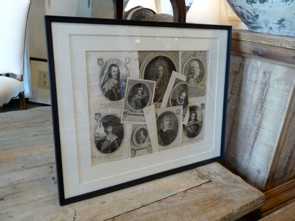 A fun collage of French engravings of noblemen in an ebonized double matted frame.