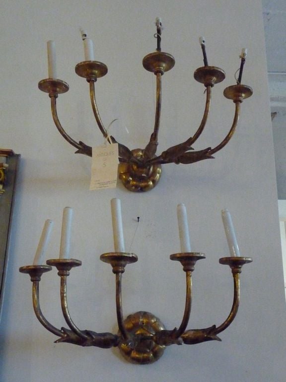 19th Century Pair Of Large Scale Giltwood Sconces In Fair Condition For Sale In Boston, MA