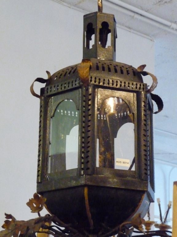 Tôle French Tole Chandelier with Lantern For Sale