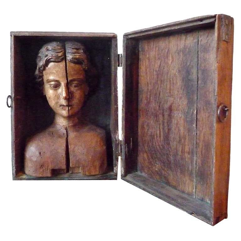 18th Century Rare Polychrome Carved Head Mounted in Box