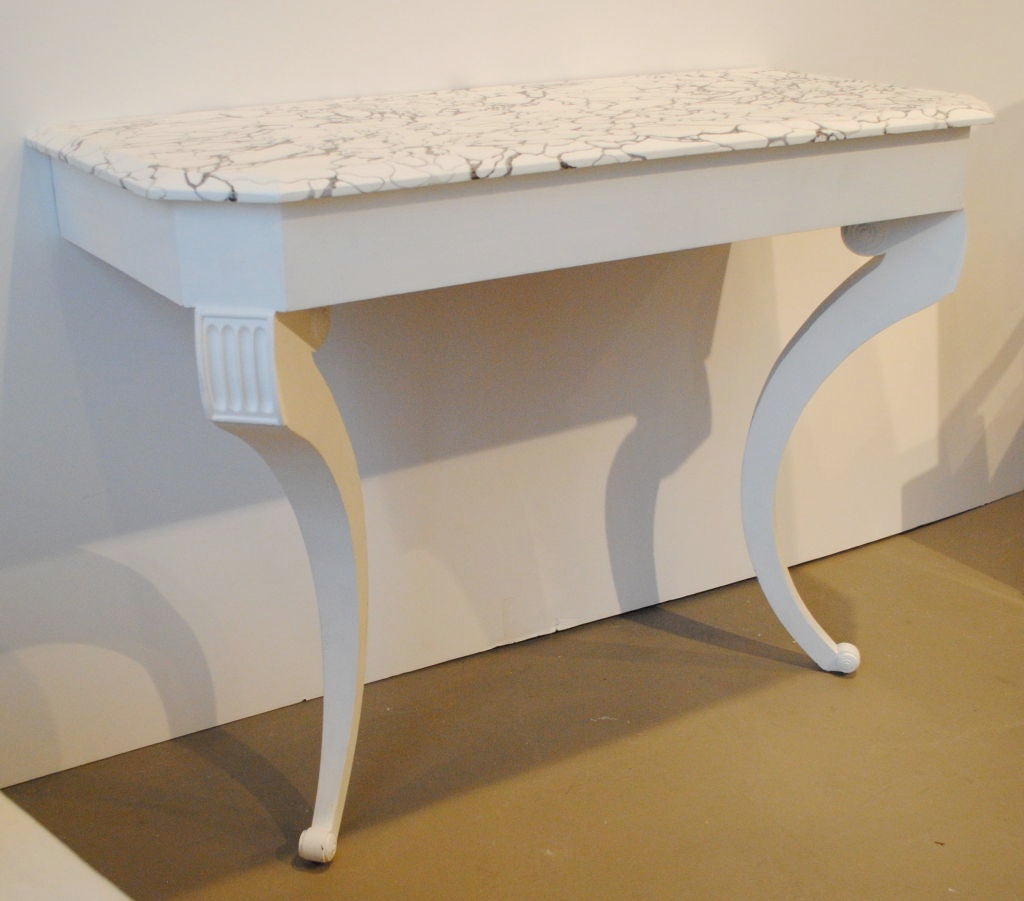 Custom hand-painted, two legged, wall mount console with marbleized top.