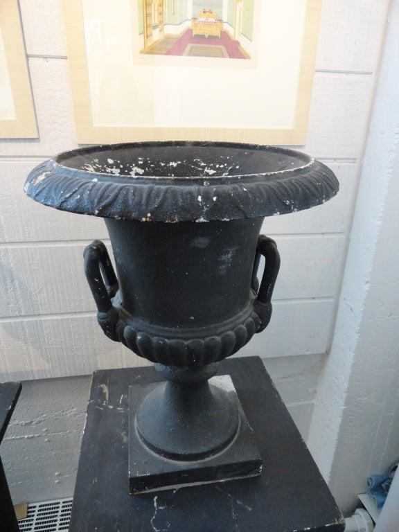 Pair of Black Iron Urns on Pedestals In Good Condition In Boston, MA