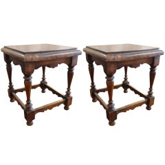 Pair of Small Oak Stools with Carved Aprons