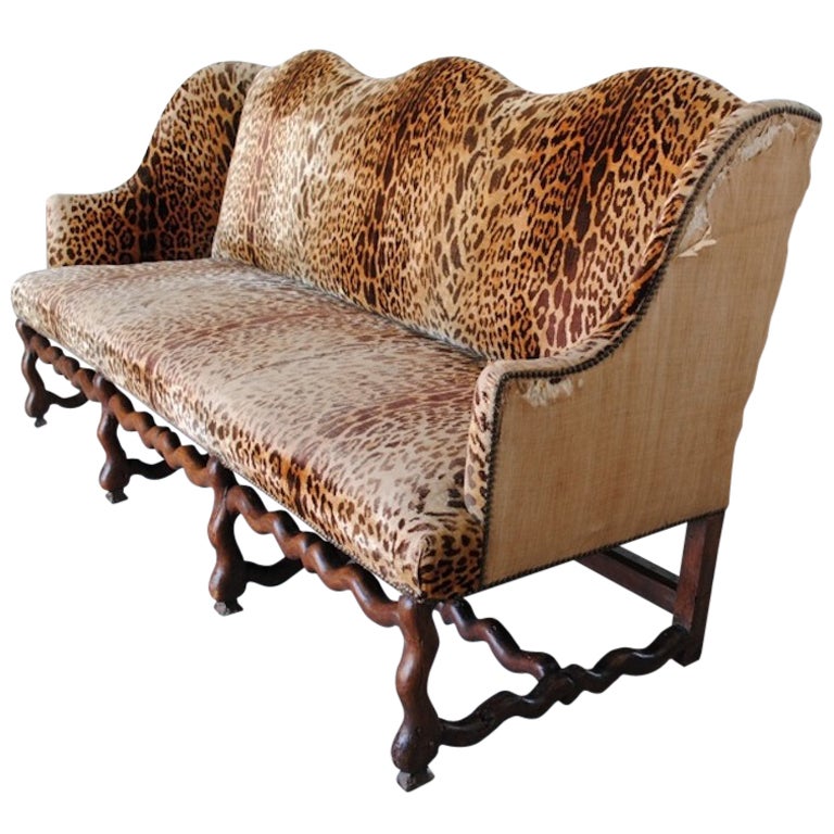 17th century period Louis XIV Canape with serpentine back and legs. Walnut wood. Brunschwig & Fils antique velvet fabric.