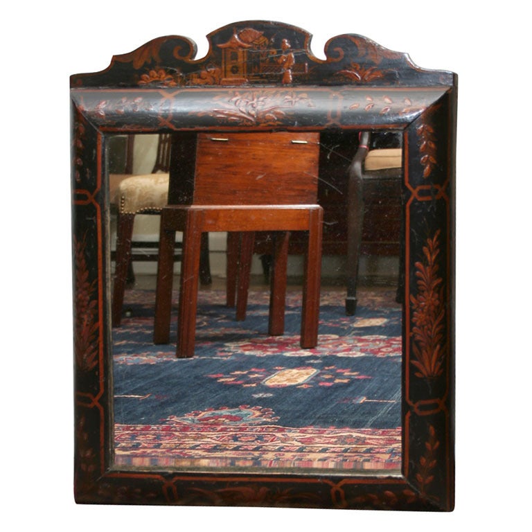 English, Black Lacquered, Chinoiserie Decorated Cushion Mirror For Sale